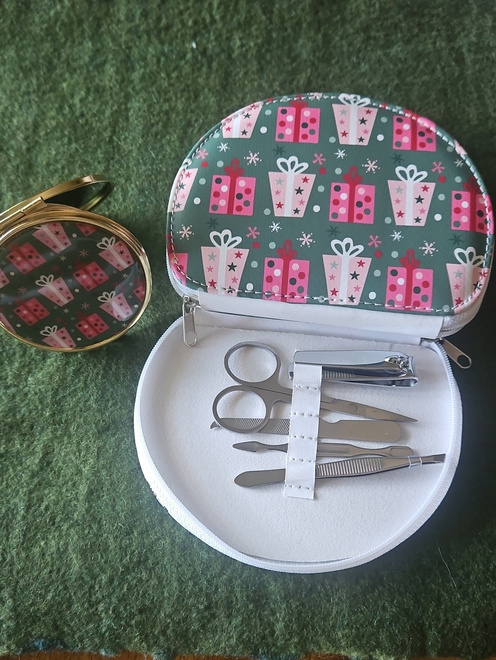 Christmas Gift Box Travel Manicure Set with Mirror & Matching Compact.  Set Of 2